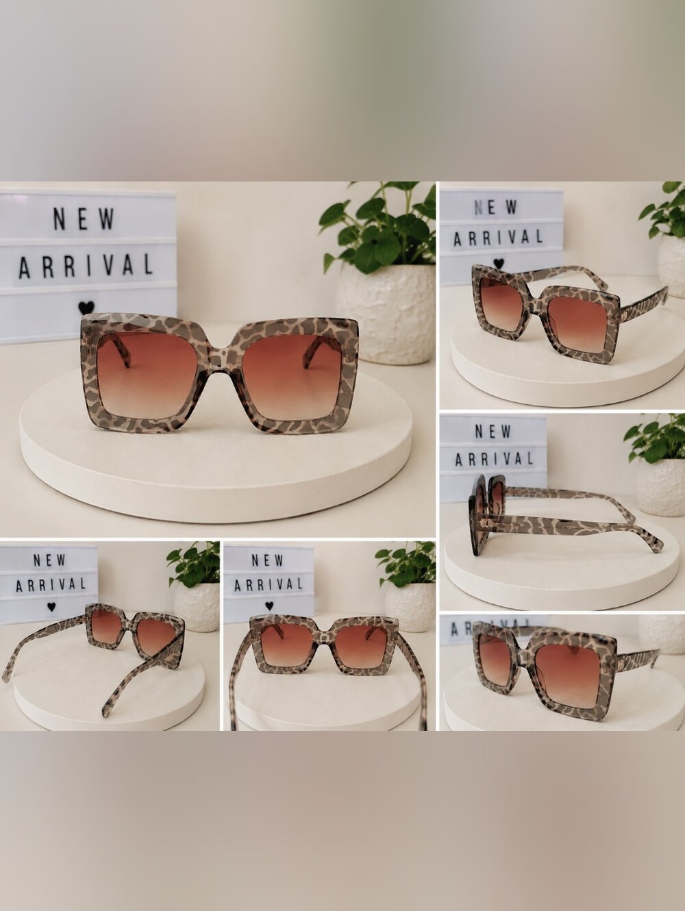 Oversized Square Sunglasses Grey Tortoise Pink Lenses NEW